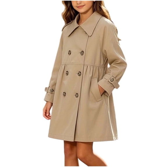 THDHVS Girls Trench Coat,Toddler Unisex Solid Button Front Trench Coat with Pockets Mid Length Long Sleeve,Girls Winter Coat Khaki 3-4 Years