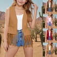 thumbnail image 1 of THDHVS Girls Vest,Unisex Kids Solid Faux Suede Long Sleeveless Vest Button Front Western Style,Fringe Jacket Wine 5-6 Years, 1 of 8