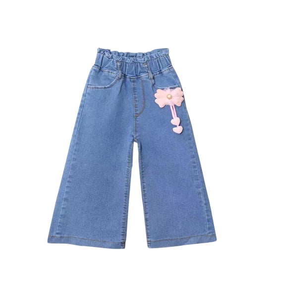 THDHVS Girls Wide Leg Jeans,Bow Decor Elastic Waist Wide Leg Pants Stretchy Casual Wear for Little Girls,Jeans for Girls,Blue 4-5 Year