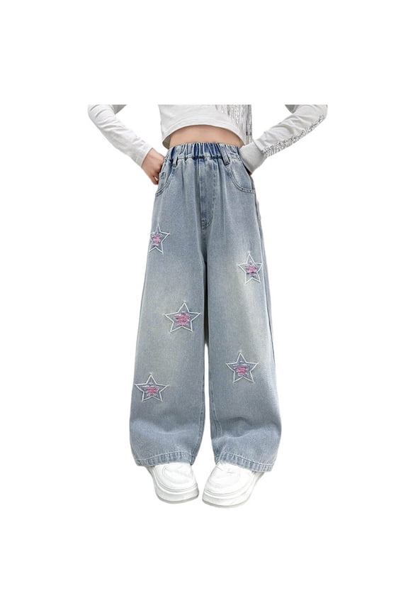 Girls Wide Leg Jeans,Print Straight Wide Leg Denim Jeans Elastic Waist Casual Wear for Girls Spring Fall,Jeans for Girls,Blue 7-8 Years