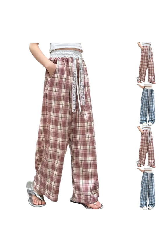 Girls Wide Leg Pants,Girls Plaid Wide Leg Culottes Elastic Waist Summer Casual,Pants for Girls Blue 11-12 Years