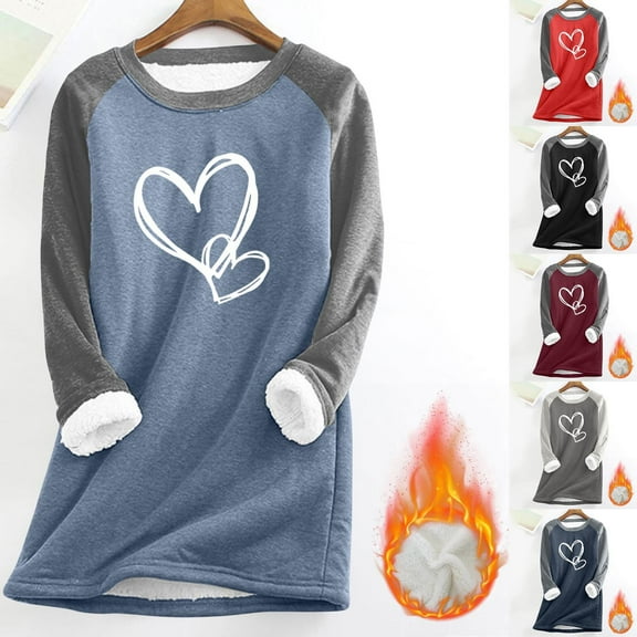 THDHVS Hoodies for Women,Womens Long Sleeve T Shirts,Plus Size Women's Heart Print Hoodie with Plush Lining for Snug Base Layer Warmth Long Sleeve Thermal Top Cozy Comfortable In Cold Weather