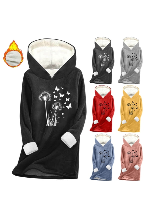 Hoodies for Women,Plus Size Women's Print Hooded Tunic with Plush Lining for All-Day Comfortable Mid-Length Top Provides Enhanced Warmth In Relaxed Fit