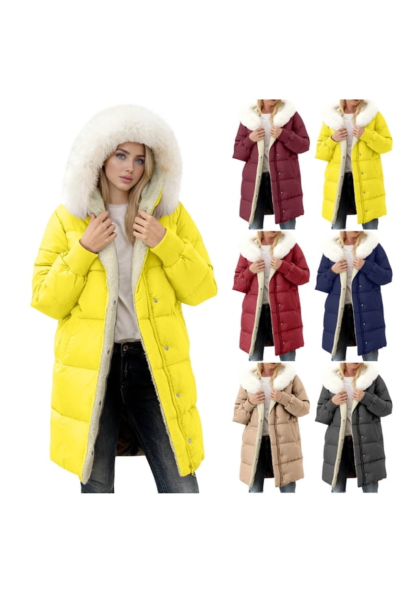 Hoodies for Women,Womens Winter Coats,Women's Long Hooded Coat with Plush Lining Detachable Faux Fur and Pockets Winter Jacket Provides Maximum Warmth In Comfortable Cotton Fabric