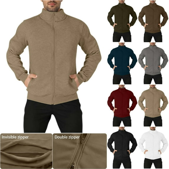 THDHVS Jackets for Men,Mens Coat,Mens Solid Color Track Jacket Zip Sleeves Stand Collar Pocket Sportswear Top