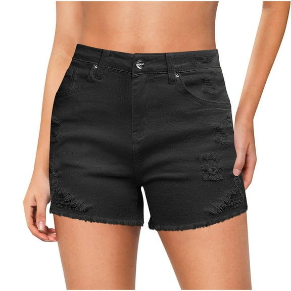 THDHVS Jean Shorts Womens,Denim Shorts for Women,Mid Rise Ripped Stretchy Jeans Shorts Frayed Hem Casual Denim Shorts Black 2XL