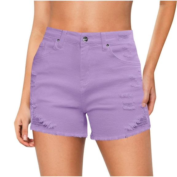 THDHVS Jean Shorts Womens,Denim Shorts for Women,Mid Rise Ripped Stretchy Jeans Shorts Frayed Hem Casual Denim Shorts Purple S