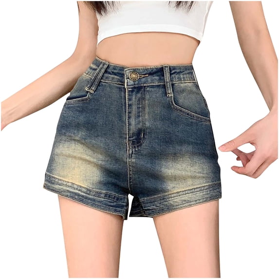 THDHVS Jean Shorts Womens,Denim Shorts for Women,Women's Casual Mid Rise Denim Shorts Stretch Hem Jean Shorts Blue L
