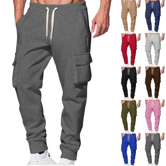 THDHVS Joggers for Men,Mens Sweatpants,Men Solid Color Sherpa Lined Sweatpants Cargo Style Elastic Waist Winter Gray