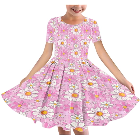 THDHVS Kids Dress,Beautiful Floral Print Short Sleeve Dress for Girls Summer Wear Party and Special Occasion,Dresses for Girls Pink