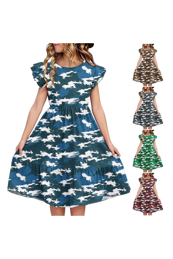 Kids Dress,Delightful Summer Dress with Double Ruffle Sleeves for Girls Casual Wear Outdoor Activity and Special Day,Dresses for Girls Camouflage
