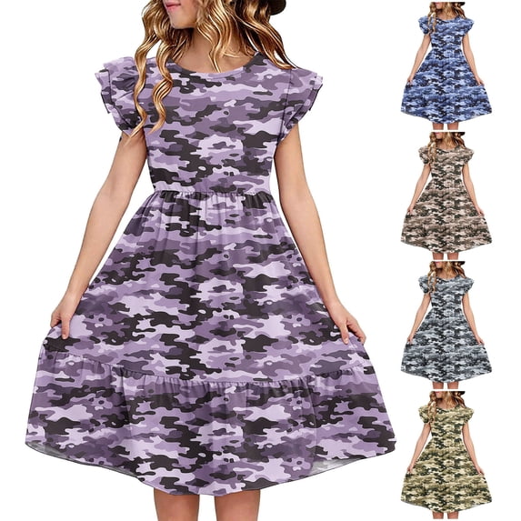 THDHVS Kids Dress,Delightful Summer Dress with Double Ruffle Sleeves for Girls Casual Wear Outdoor Activity and Special Day,Dresses for Girls Camouflage