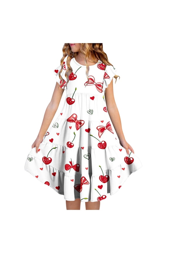 Kids Dress,Pretty Floral Print Tiered Dress with Flutter Sleeves and Pockets for Girls Summer Occasion,Dresses for Girls Multicolor