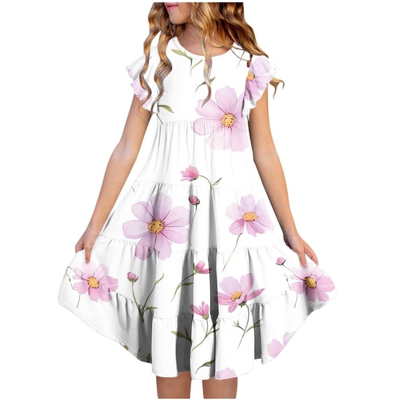 THDHVS Kids Dress,Pretty Floral Print Tiered Dress with Flutter Sleeves and Pockets for Girls Summer Occasion,Dresses for Girls Multicolor