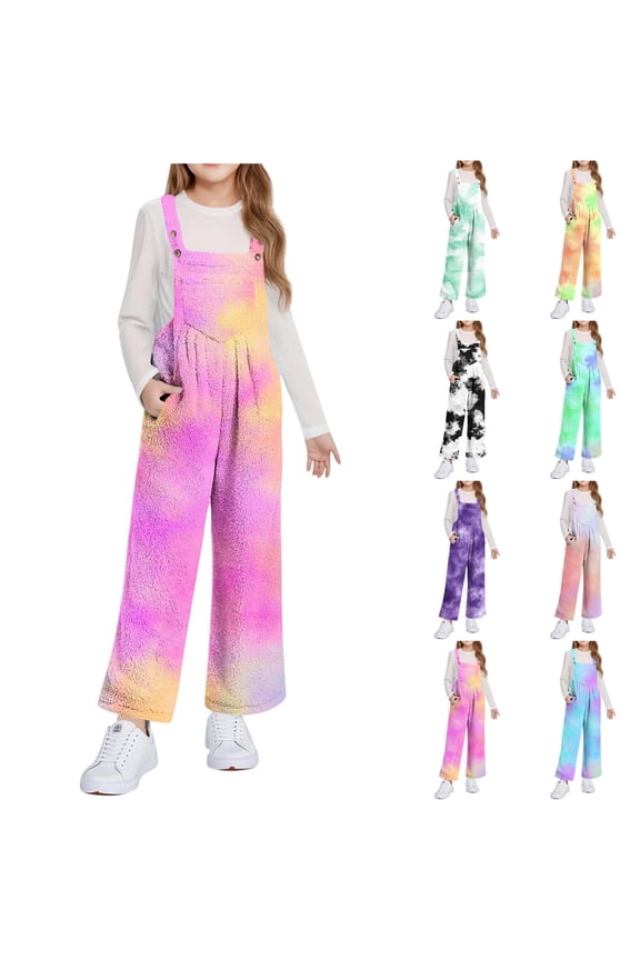 Kids Overalls,Tie Dye Fleece Overall Jumpsuit Adjustable Straps Pockets Casual Outerwear for Girls Fall,Overalls for Girls,Purple 5-6 Years