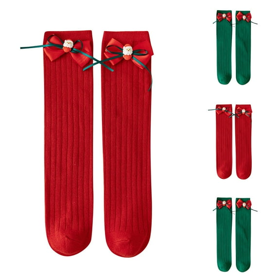 THDHVS Kids Socks,Girls Socks,Kids Christmas Socks with Santa Print and Bow Detail Soft Mid-Crew Height Festive Socks for Holiday Parties and Gift Giving Season Green Free Size