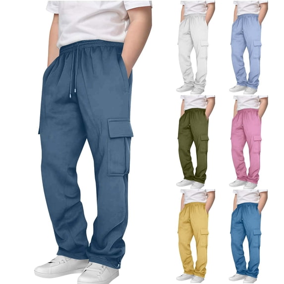 THDHVS Kids Sweatpants,Boys Stretch Twill Joggers with Elastic Waist and Cargo Pockets for School and Sports Comfortable Athletic Pants White