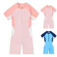 thumbnail image 1 of THDHVS Kids Swimsuits,Bathing Suits for Girls,Kids Color Block One Piece Swimsuit Short Sleeve Zip Front Shorts Built In Blue, 1 of 8