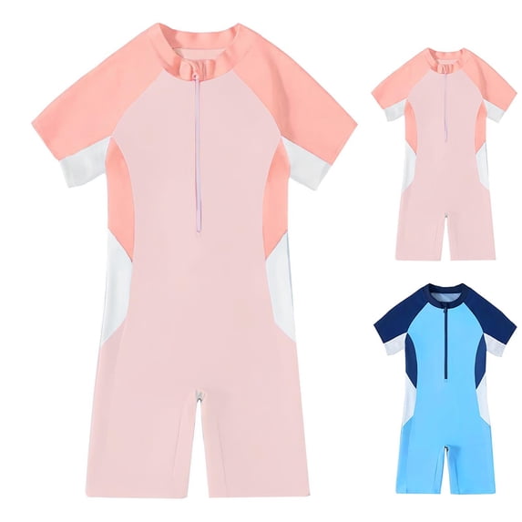 THDHVS Kids Swimsuits,Bathing Suits for Girls,Kids Color Block One Piece Swimsuit Short Sleeve Zip Front Shorts Built In Blue