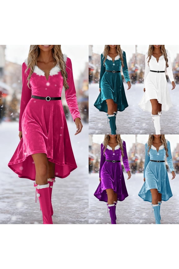 Linen Dress,Dresses for Women,Fashion Velvet Long Sleeve V Neck Dress with Faux Fur Collar for Holiday Hot Pink