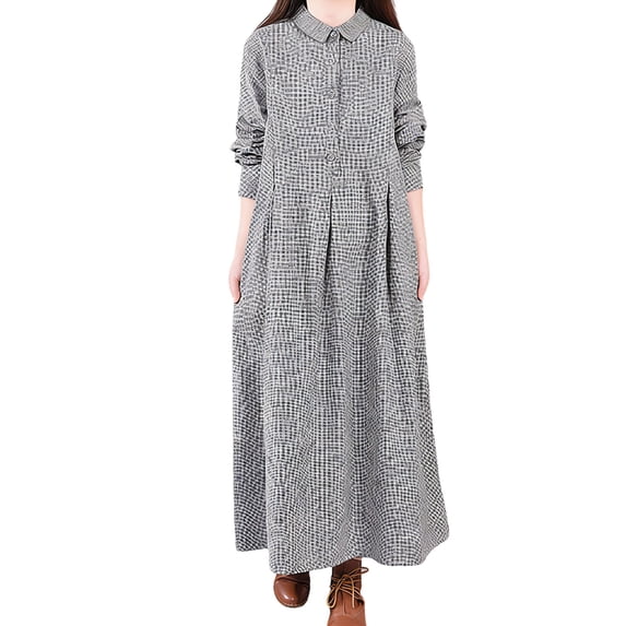 THDHVS Linen Dress,Dresses for Women,Plus Size Women Linen Blend Maxi Dress Slimming Plaid Print Long Sleeve Gray