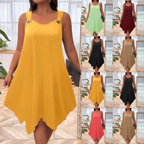 THDHVS Linen Dress,Dresses for Women,Plus Size Women Solid Color Sleeveless Shift Dress Round Neck Modern Style Wine