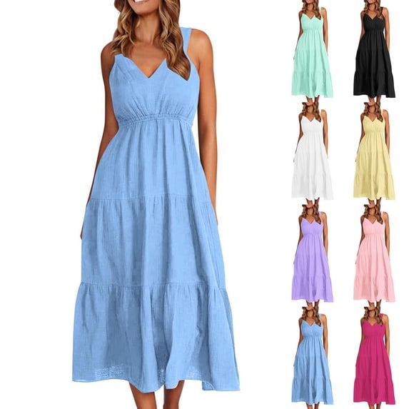 THDHVS Linen Dress,Dresses for Women,Relaxed Solid Color Linen Smock Dress V Neck for Beach Vacation Light Blue