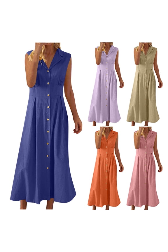 Linen Dress,Dresses for Women,Solid Color Sleeveless Button Down Collared Linen Look Shift Dress Khaki