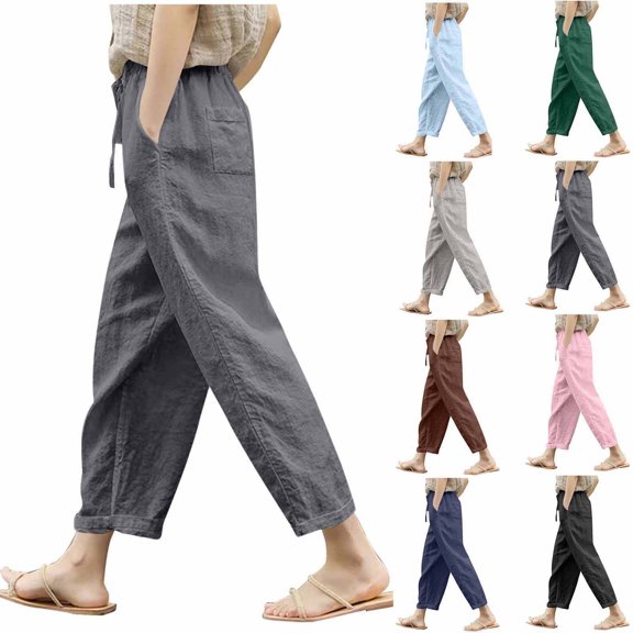 THDHVS Linen Pants Women,Casual Pants for Women,Fashion Women Casual Lightweight Drawstring Elastic Waist Pants with Pockets Gray S