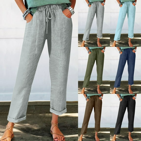 THDHVS Linen Pants Women,Casual Pants for Women,Summer Fall Pull On Pants for Women with Pockets Elastic Waist Cropped Work Pants Army Green S