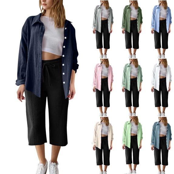 THDHVS Two Piece Sets for Women,Womens Sets,Casual 2 Piece Outfit for Women Linen Long Sleeve Button Down Shirt Flare Pleated Wide Leg Pants Sets Army Green M