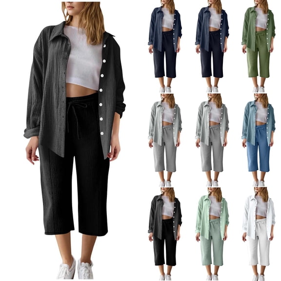 THDHVS Two Piece Sets for Women,Womens Sets,Casual 2 Piece Outfit for Women Linen Long Sleeve Button Down Shirt Flare Pleated Wide Leg Pants Sets Mint Green L