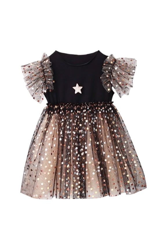 Little Girls Dresses,Sparkle Short Sleeve Dress with Bubble Sleeves and Mesh for Girls Party and Celebration Outfit,Kids Dress Black