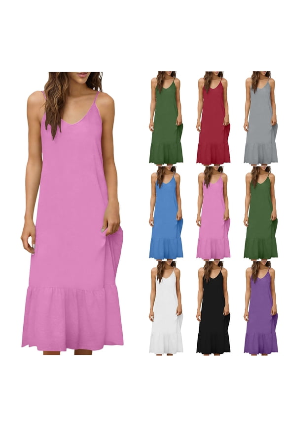 Long Dresses for Women,Solid Color Linen Like Round Neck Sleeveless Spaghetti Strap Long Dress Casual Elegant Style for All Season Wear,Womens Dresses Black S
