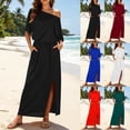 thumbnail image 1 of THDHVS Long Dresses for Women,Solid Color One Shoulder Dress with Cross Waist Elastic Hem Split Hem Pocket Design Casual Beach Summer Outfit,Summer Dress Red M, 1 of 10