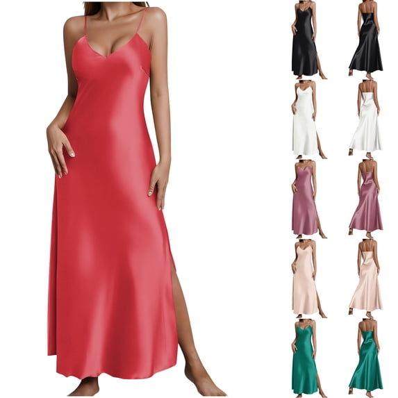 THDHVS Long Dresses for Women,Solid Color Spaghetti Strap V Neck Split Hem Nightgown Soft Fabric Casual Relax Home Summer Loungewear,Women's Dresses Red 2XL