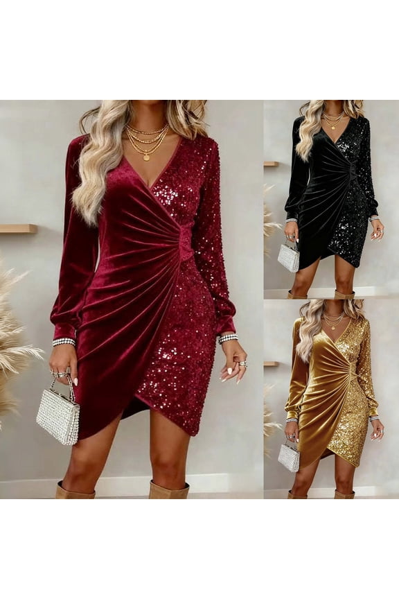 Long Sleeve Dress for Women,Wedding Guest Dress,Women Velvet Sequin Panel Long Sleeve Dress Fashion for Evening Party Gold