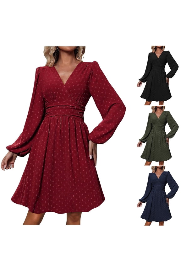 Long Sleeve Dress for Women,Womens Dresses,Fashion Solid Color V Neck Long Sleeve Casual Dress Knee Length Navy