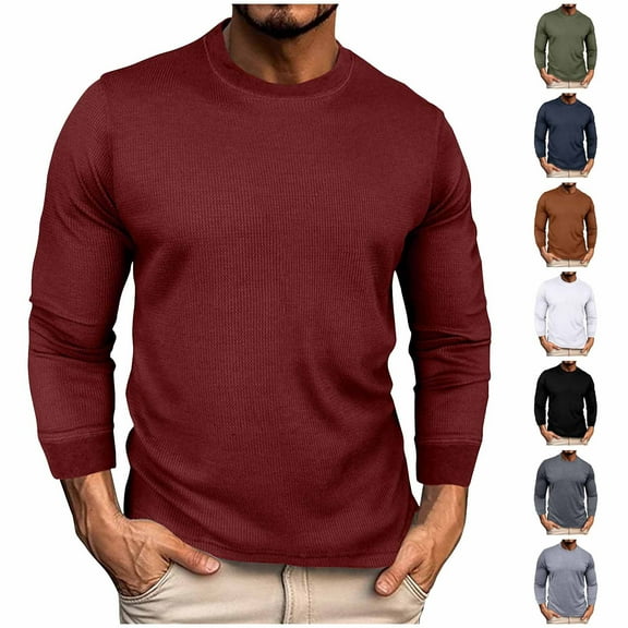 THDHVS Long Sleeve Shirts for Men,Mens Shirts,Men Solid Color Waffle Knit Long Sleeve Shirt Crewneck Thermal Style Lightweight Breathable for Base Layer Layering or Casual Weekend Wear