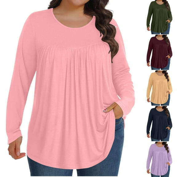 THDHVS Long Sleeve T Shirt Women,Shirts for Women,Long Length Sleeve Tops for Women Crewneck Casual Plus Size Pleated Tunic Tops Loose Fits Shirts Blouses Khaki 5XL