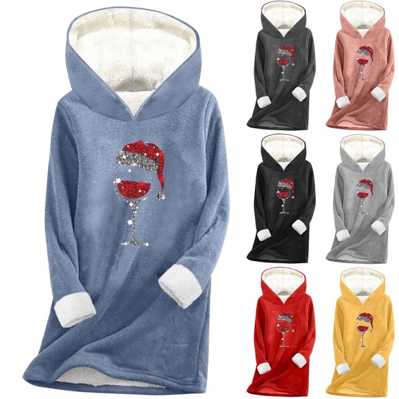 THDHVS Long Sleeve Shirts for Women,Plus Size Women's Christmas Print Hoodie with Plush Lining for Base Layer Warmth Long Sleeve Thermal Top Provides Festive Style in Snug Fits M