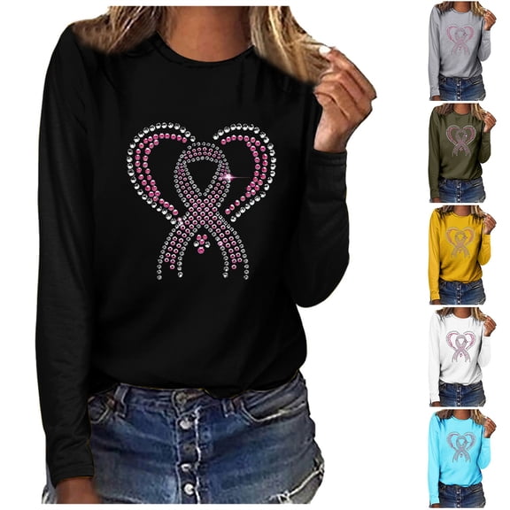 THDHVS Long Sleeve Shirts for Women,Women Breast Cancer Awareness Print Long Sleeve Pullover with Round Neck for Support andComfortable Yellow XL
