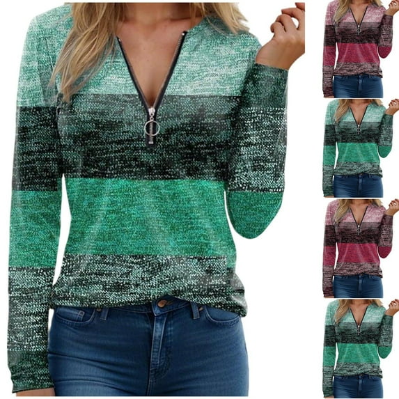 THDHVS Long Sleeve T Shirt Women,Shirts for Women,Women V Neck Zip Detail Long Sleeve Top with Color Block for Casual Comfortable andStylish Wear Hot Pink XXL