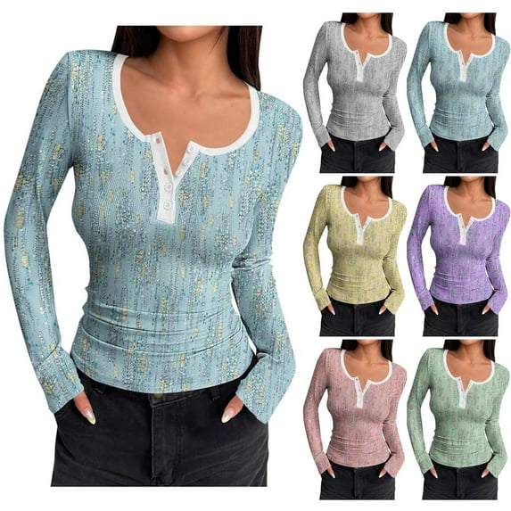 THDHVS Long Sleeve Tops,Women Print Square Neck Ribbed Long Sleeve Top with Button Detail for Casual Layering Yellow L