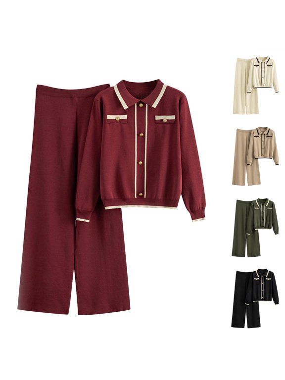 Lounge Sets for Women,Womens 2 Piece Outfits,Womens 2 Piece Outfits Rib Knit Cardigan and Loose Pants Lounge Sets for Women Button Front Soft Comfortable Wine Free Size