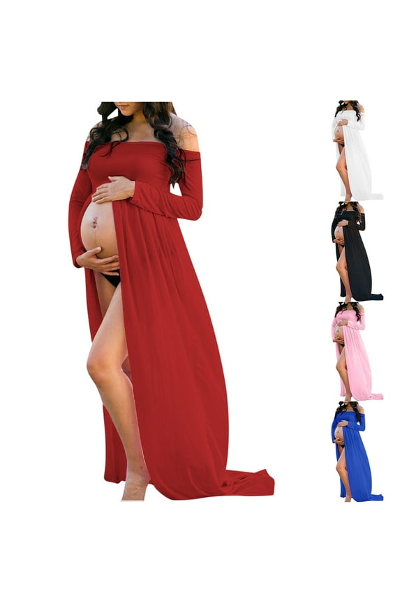 Maternity Dress for Photoshoot,Baby Shower Dress,Soft Stretchy Lace Z Shoulder Split A-line Skirt Maternity Long Sleeve Dress Pregnancy Maxi Gown for Photoshoot Black XL