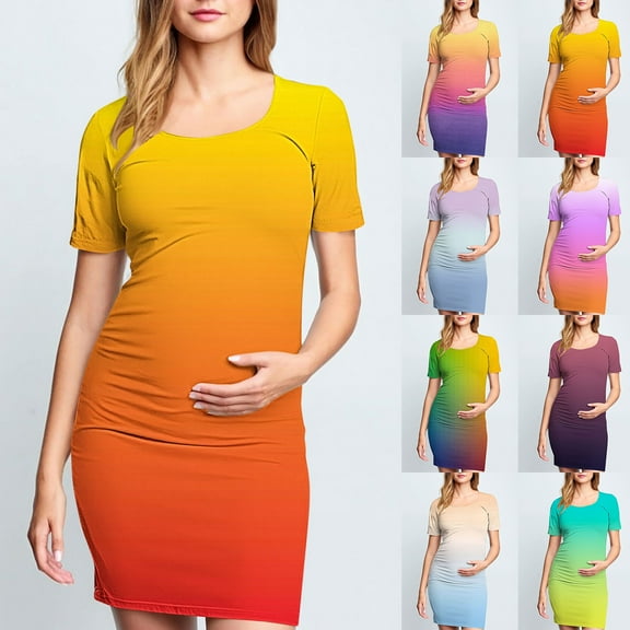 THDHVS Maternity Dress Summer,Maternity Dress for Baby Shower,Woman' Fashion Print Pleated Maternity Skirt Short Sleeve Round Neck Mid Calf Dress Beige L