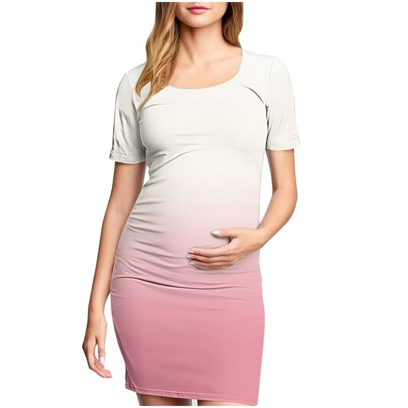 THDHVS Maternity Dress Summer,Maternity Dress for Baby Shower,Woman' Fashion Print Pleated Maternity Skirt Short Sleeve Round Neck Mid Calf Dress Multicolor L