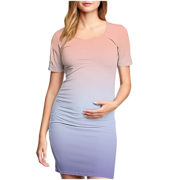 THDHVS Maternity Dress Summer,Maternity Dress for Baby Shower,Woman' Fashion Print Pleated Maternity Skirt Short Sleeve Round Neck Mid Calf Dress Multicolor XL