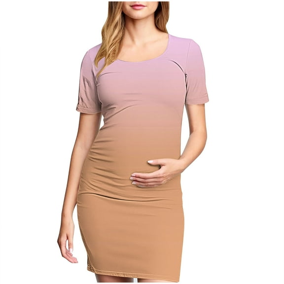 THDHVS Maternity Dress Summer,Woman' Fashion Print Pleated Maternity Skirt Short Sleeve Round Neck Mid Calf Dress Multicolor S